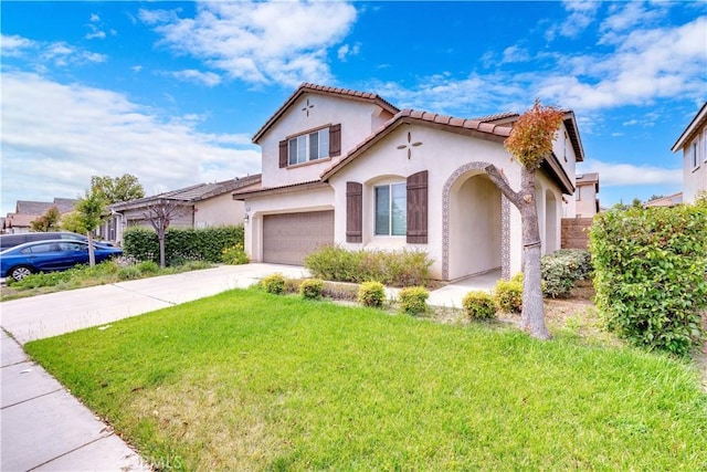 5610 Guardian Way, Chino, CA 91710 - mediterranean / spanish-style home with a garage, concrete driveway, stucco siding, and a tile roof