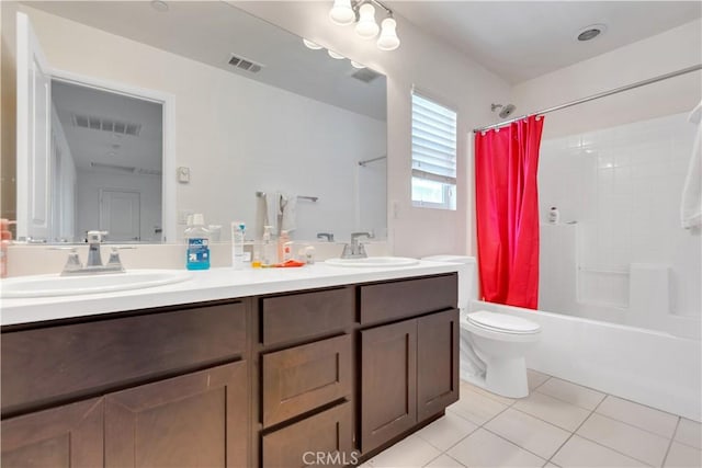5610 Guardian Way, Chino, CA 91710 - bathroom with double vanity, shower / bathtub combination with curtain, and tile patterned floors