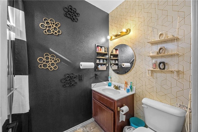 33727 Verbena, Murrieta, CA 92563 - half bathroom featuring vanity, toilet, tile patterned flooring, and wallpapered walls