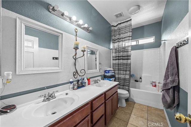 33727 Verbena, Murrieta, CA 92563 - bathroom with toilet, a textured wall, double vanity, shower / bath combo with shower curtain, and tile patterned floors
