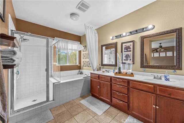 33727 Verbena, Murrieta, CA 92563 - full bathroom with a stall shower, a garden tub, double vanity, tile patterned flooring, and a ceiling fan