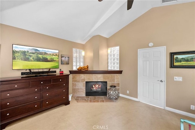 37 Giotto, Aliso Viejo, CA 92656 - living area featuring light carpet, a ceiling fan, baseboards, and high vaulted ceiling