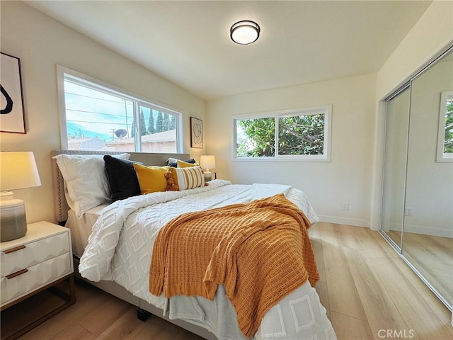 bedroom with wood finished floors, a closet, and baseboards