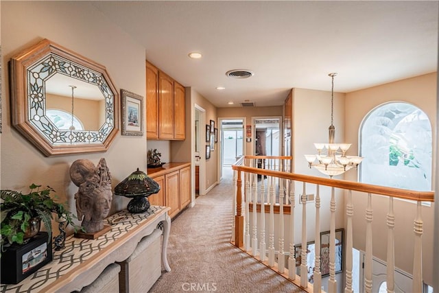 30208 White Wake Dr, Canyon Lake, CA 92587 - corridor with light colored carpet, a chandelier, an upstairs landing, and recessed lighting