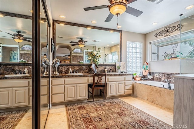 30208 White Wake Dr, Canyon Lake, CA 92587 - bathroom featuring ceiling fan, tile patterned floors, a bath, double vanity, and recessed lighting