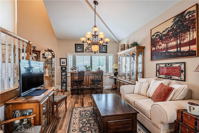 30208 White Wake Dr, Canyon Lake, CA 92587 - living area featuring a chandelier, wood finished floors, high vaulted ceiling, and baseboards