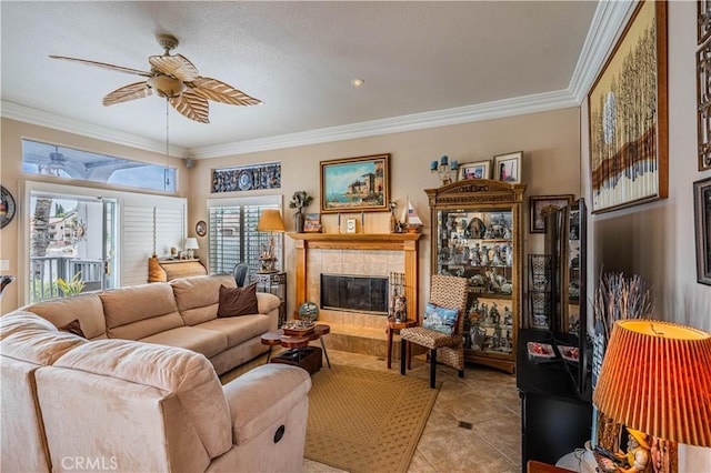 30208 White Wake Dr, Canyon Lake, CA 92587 - tiled living room with a ceiling fan, crown molding, and a tiled fireplace