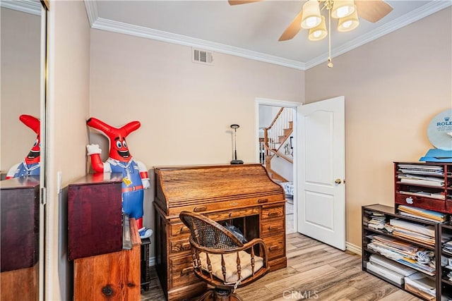 30208 White Wake Dr, Canyon Lake, CA 92587 - home office with a ceiling fan, wood finished floors, ornamental molding, and baseboards