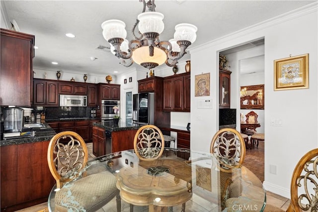 13985 Evergreen Ln, Victorville, CA 92395 - dining room featuring a chandelier, recessed lighting, ornamental molding, light tile patterned flooring, and baseboards