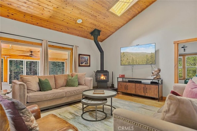 523 Dogwood Canyon Rd, Blue Jay, CA 92317 - living area with a wood stove, light wood-style floors, wood ceiling, a skylight, and high vaulted ceiling