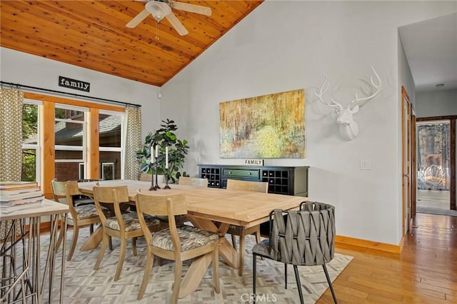 523 Dogwood Canyon Rd, Blue Jay, CA 92317 - dining area featuring light wood finished floors, ceiling fan, baseboards, high vaulted ceiling, and wooden ceiling
