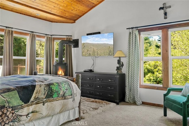 523 Dogwood Canyon Rd, Blue Jay, CA 92317 - bedroom with wooden ceiling, lofted ceiling, carpet floors, and baseboards