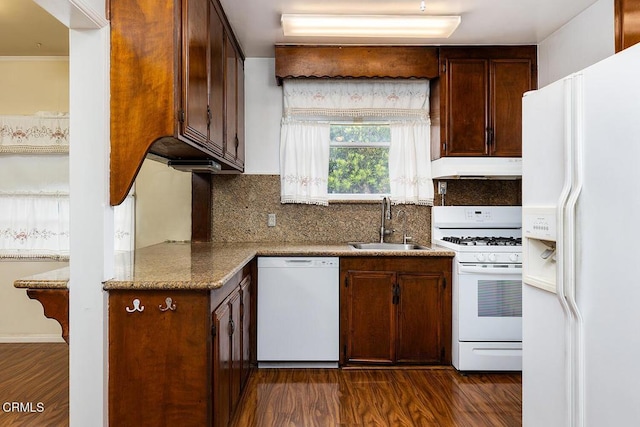 250 S Berkeley Ave, Pasadena, CA 91107 - kitchen with white appliances, a sink, under cabinet range hood, dark wood-style flooring, and backsplash
