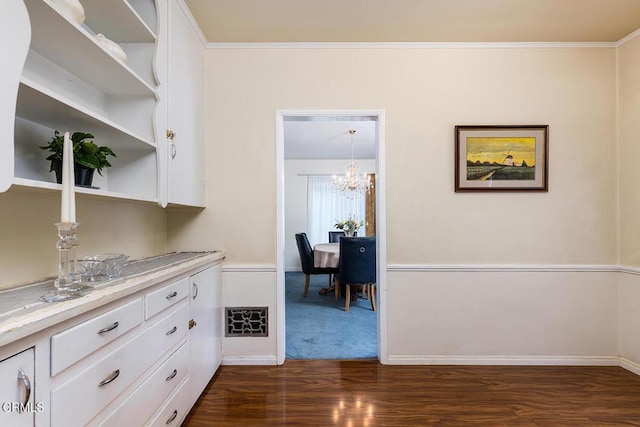 250 S Berkeley Ave, Pasadena, CA 91107 - kitchen featuring open shelves, white cabinets, dark wood-style floors, a chandelier, and light countertops