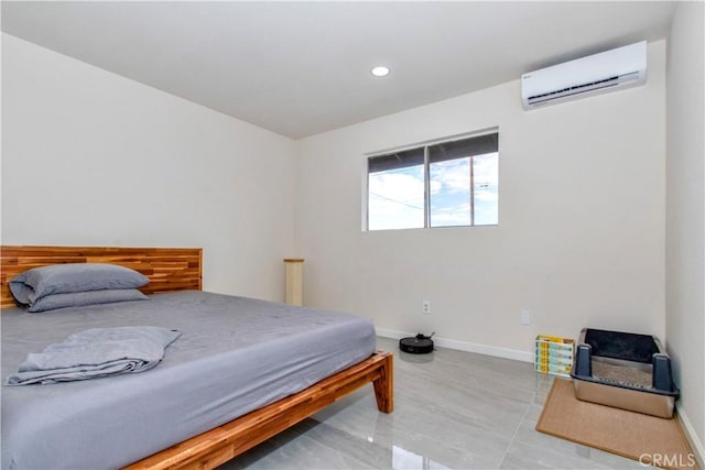 bedroom with a wall mounted air conditioner, baseboards, and recessed lighting