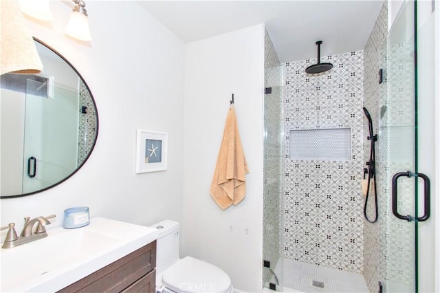 full bath featuring a shower stall, toilet, and vanity