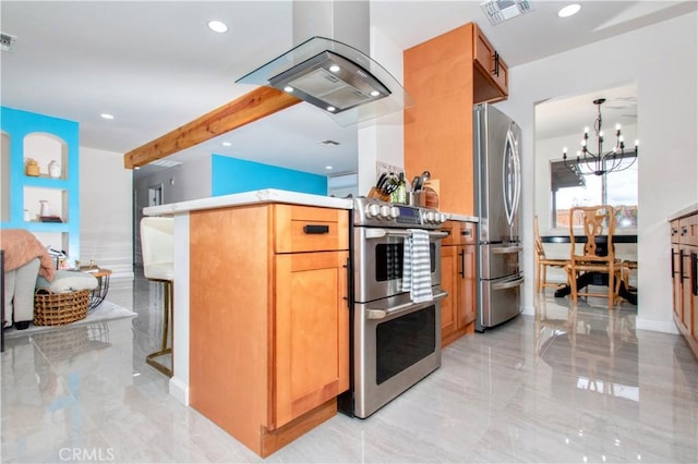 kitchen with stainless steel appliances, island range hood, a chandelier, a peninsula, and recessed lighting