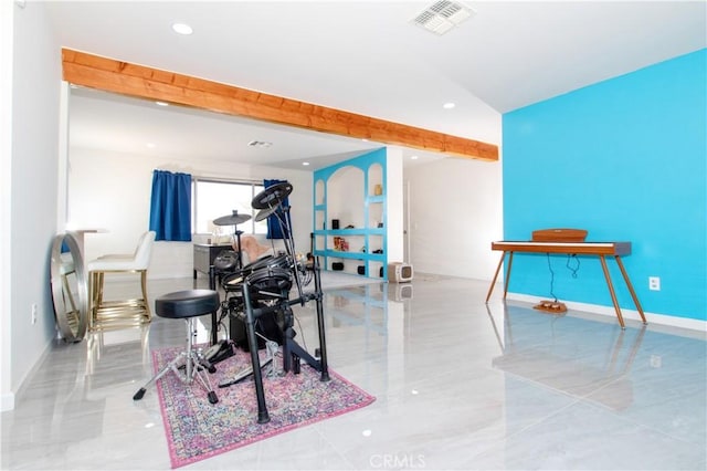 recreation room with recessed lighting, baseboards, and beamed ceiling