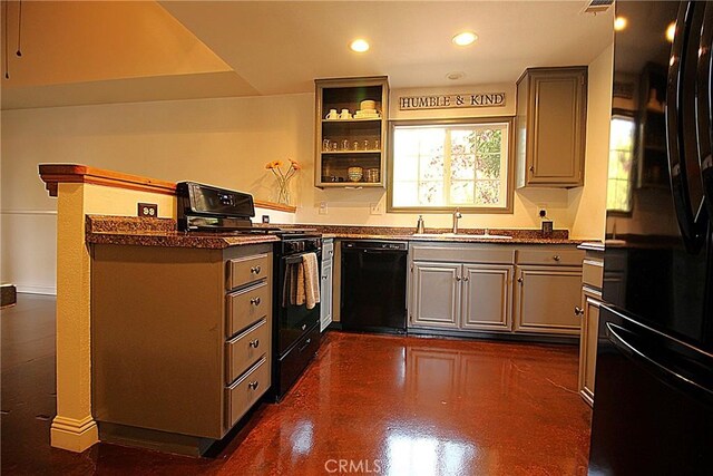6102 Cabriolet Ct, Quartz Hill, CA 93536 - kitchen with black appliances, a sink, gray cabinetry, recessed lighting, and open shelves