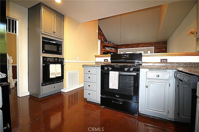 6102 Cabriolet Ct, Quartz Hill, CA 93536 - kitchen featuring black appliances, baseboards, lofted ceiling, and recessed lighting