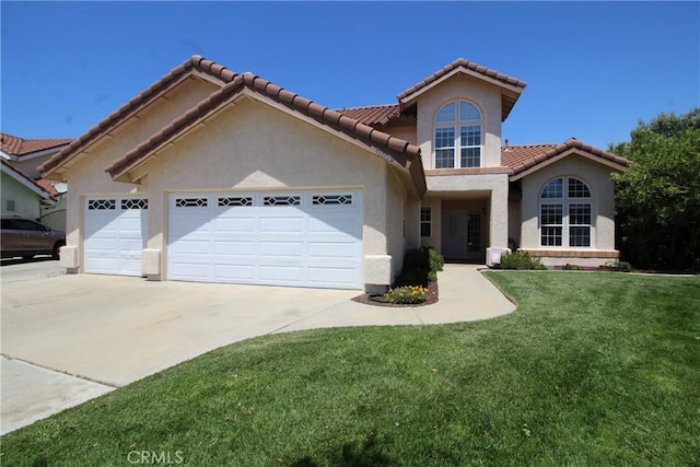 6102 Cabriolet Ct, Quartz Hill, CA 93536 - view of front facade featuring a garage, concrete driveway, a front lawn, stucco siding, and a tile roof