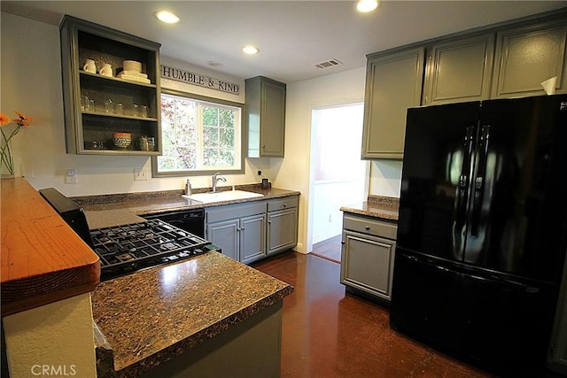 6102 Cabriolet Ct, Quartz Hill, CA 93536 - kitchen featuring black appliances, a sink, gray cabinets, recessed lighting, and open shelves