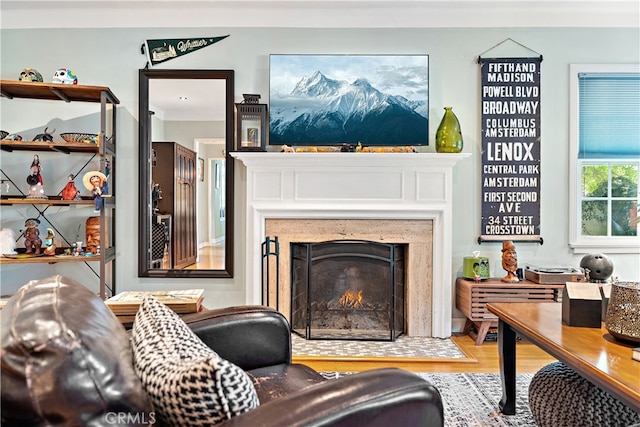 13611 Walnut St, Whittier, CA 90602 - living area with wood finished floors and a fireplace with flush hearth