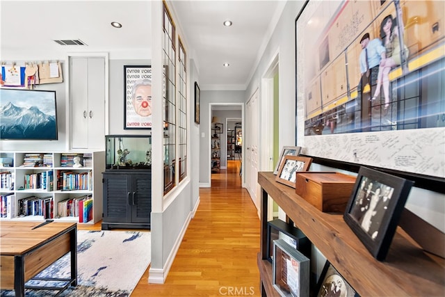 13611 Walnut St, Whittier, CA 90602 - hall featuring light wood-type flooring, ornamental molding, and recessed lighting