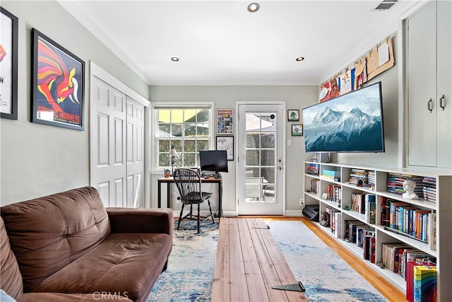 13611 Walnut St, Whittier, CA 90602 - home office featuring wood finished floors, baseboards, and recessed lighting