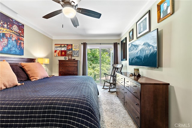 13611 Walnut St, Whittier, CA 90602 - carpeted bedroom with access to outside, a ceiling fan, and crown molding