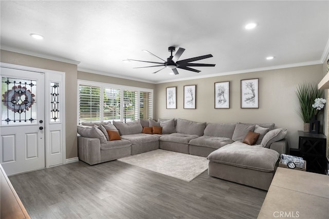 1325 N Birchnell Ave, San Dimas, CA 91773 - living room featuring wood finished floors, ceiling fan, crown molding, recessed lighting, and baseboards