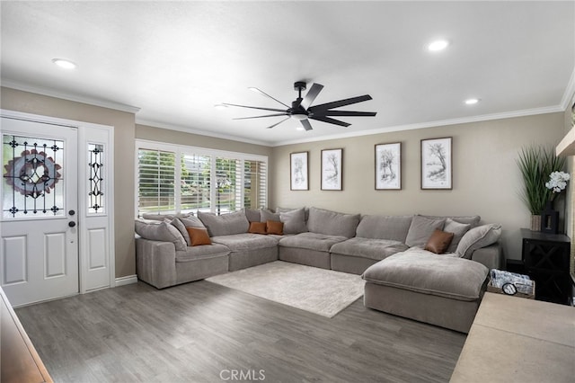 1325 N Birchnell Ave, San Dimas, CA 91773 - living area with ceiling fan, wood finished floors, ornamental molding, recessed lighting, and baseboards