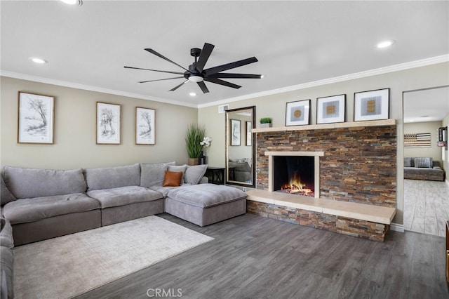 1325 N Birchnell Ave, San Dimas, CA 91773 - living area with wood finished floors, a ceiling fan, a fireplace, recessed lighting, and ornamental molding