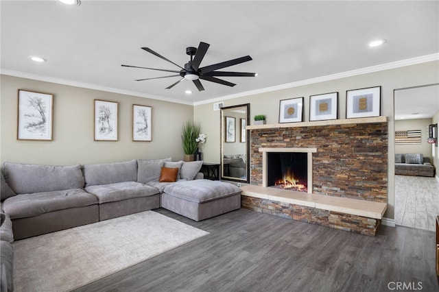 1325 N Birchnell Ave, San Dimas, CA 91773 - living area with wood finished floors, a ceiling fan, a fireplace, recessed lighting, and ornamental molding