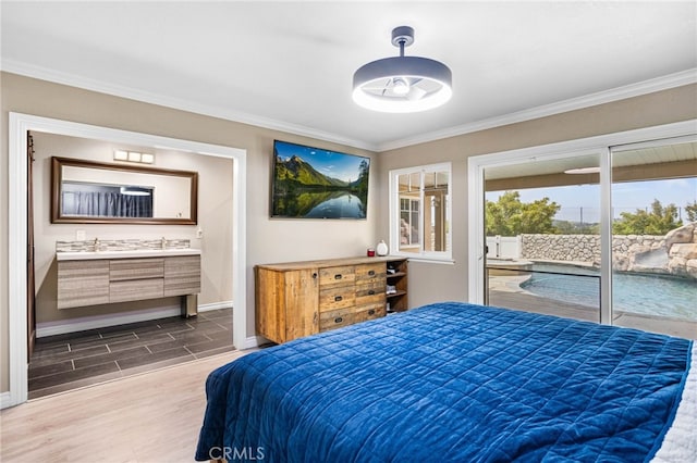 1325 N Birchnell Ave, San Dimas, CA 91773 - bedroom featuring access to outside, baseboards, crown molding, dark wood finished floors, and ensuite bathroom