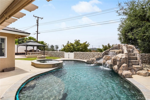 1325 N Birchnell Ave, San Dimas, CA 91773 - view of pool featuring a gazebo, a patio area, a pool with connected hot tub, and fence