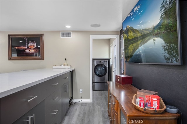1325 N Birchnell Ave, San Dimas, CA 91773 - laundry area with washer / clothes dryer, light wood-style flooring, baseboards, and recessed lighting