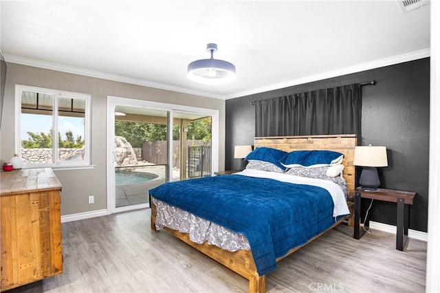 1325 N Birchnell Ave, San Dimas, CA 91773 - bedroom with access to outside, wood finished floors, baseboards, and crown molding