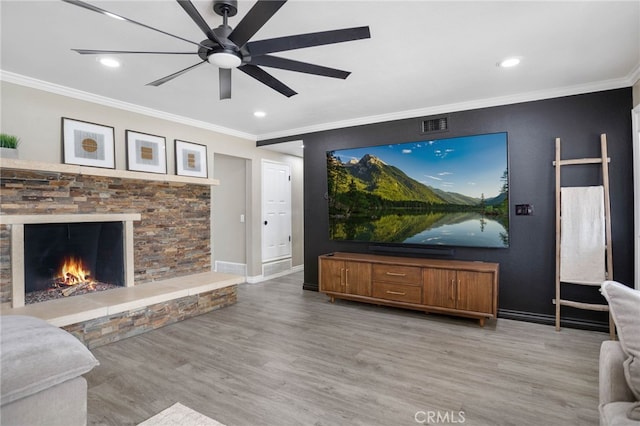 1325 N Birchnell Ave, San Dimas, CA 91773 - living room with wood finished floors, crown molding, ceiling fan, baseboards, and recessed lighting