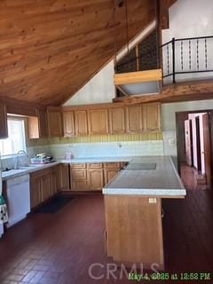 17216 Cedar Way, Clearlake Oaks, CA 95423 - kitchen featuring light countertops, brick flooring, high vaulted ceiling, a peninsula, and a sink