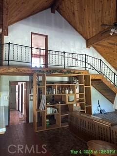 17216 Cedar Way, Clearlake Oaks, CA 95423 - living area with high vaulted ceiling, beam ceiling, and wood ceiling