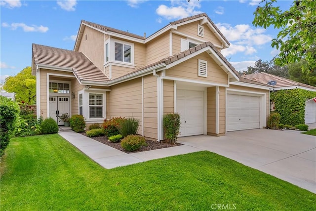 27567 Courtview Dr, Valencia, CA 91354 - traditional-style home featuring a garage, a front lawn, concrete driveway, and a tiled roof