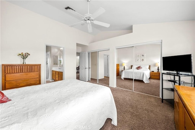 27567 Courtview Dr, Valencia, CA 91354 - carpeted bedroom with two closets, lofted ceiling, a ceiling fan, and ensuite bath