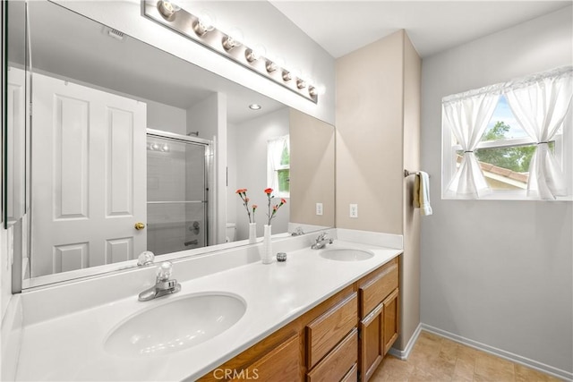 27567 Courtview Dr, Valencia, CA 91354 - bathroom with a shower with door, double vanity, baseboards, and toilet