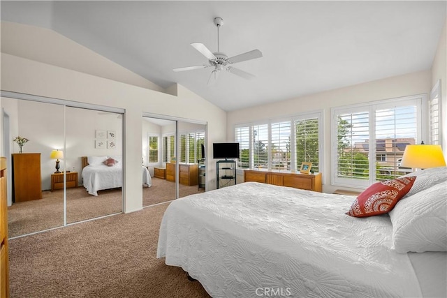 27567 Courtview Dr, Valencia, CA 91354 - carpeted bedroom with vaulted ceiling, multiple closets, and ceiling fan