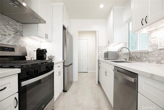 kitchen featuring stainless steel appliances, wall chimney range hood, a sink, white cabinets, and backsplash