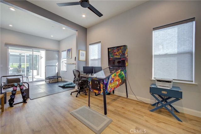 851 Trail View Pl, Nipomo, CA 93444 - office with a ceiling fan, baseboards, wood finished floors, and recessed lighting