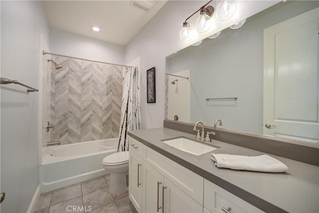 851 Trail View Pl, Nipomo, CA 93444 - bathroom featuring tile patterned flooring, toilet, shower / bathtub combination with curtain, vanity, and baseboards