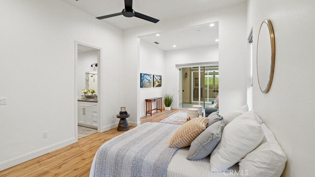 851 Trail View Pl, Nipomo, CA 93444 - bedroom featuring light wood-style floors, ensuite bathroom, recessed lighting, and a ceiling fan