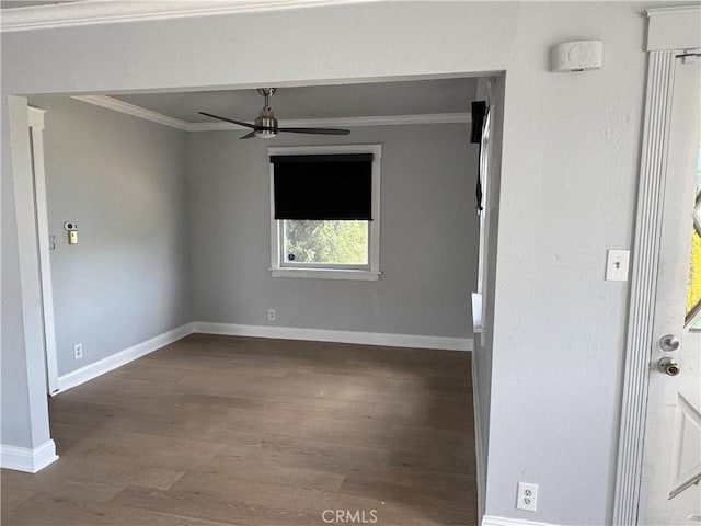 35226 Ave C, Yucaipa, CA 92399 - unfurnished room featuring a ceiling fan, ornamental molding, wood finished floors, and baseboards